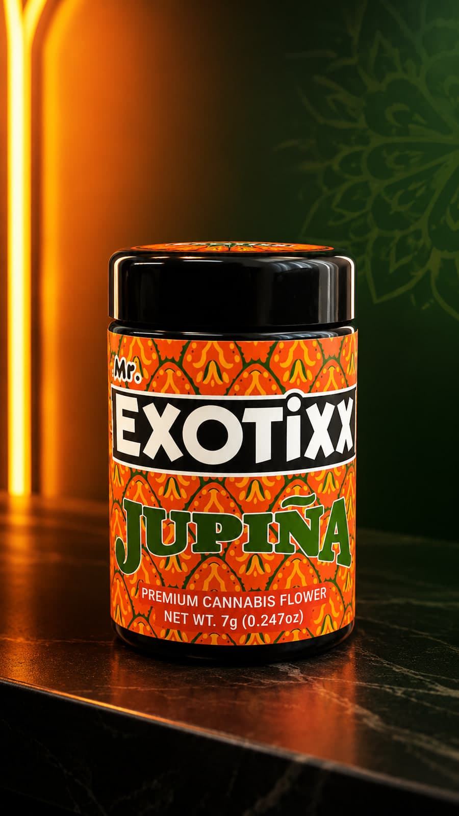 Mr. Exotixx Jupiña jar — orange pineapple-pattern label, 7g — under a warm neon glow