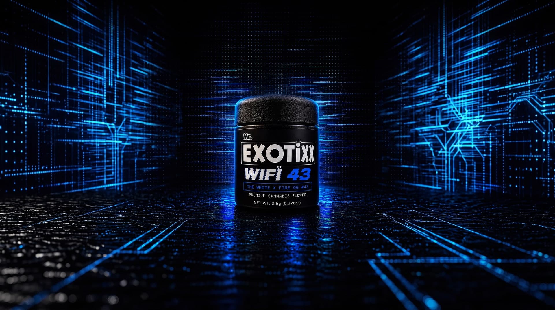 Mr. Exotixx WIFI43 jar glowing in a blue circuit-board corridor