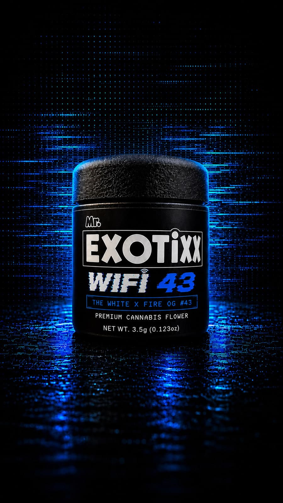 Mr. Exotixx WIFI43 jar — The White × Fire OG #43 — lit in electric blue