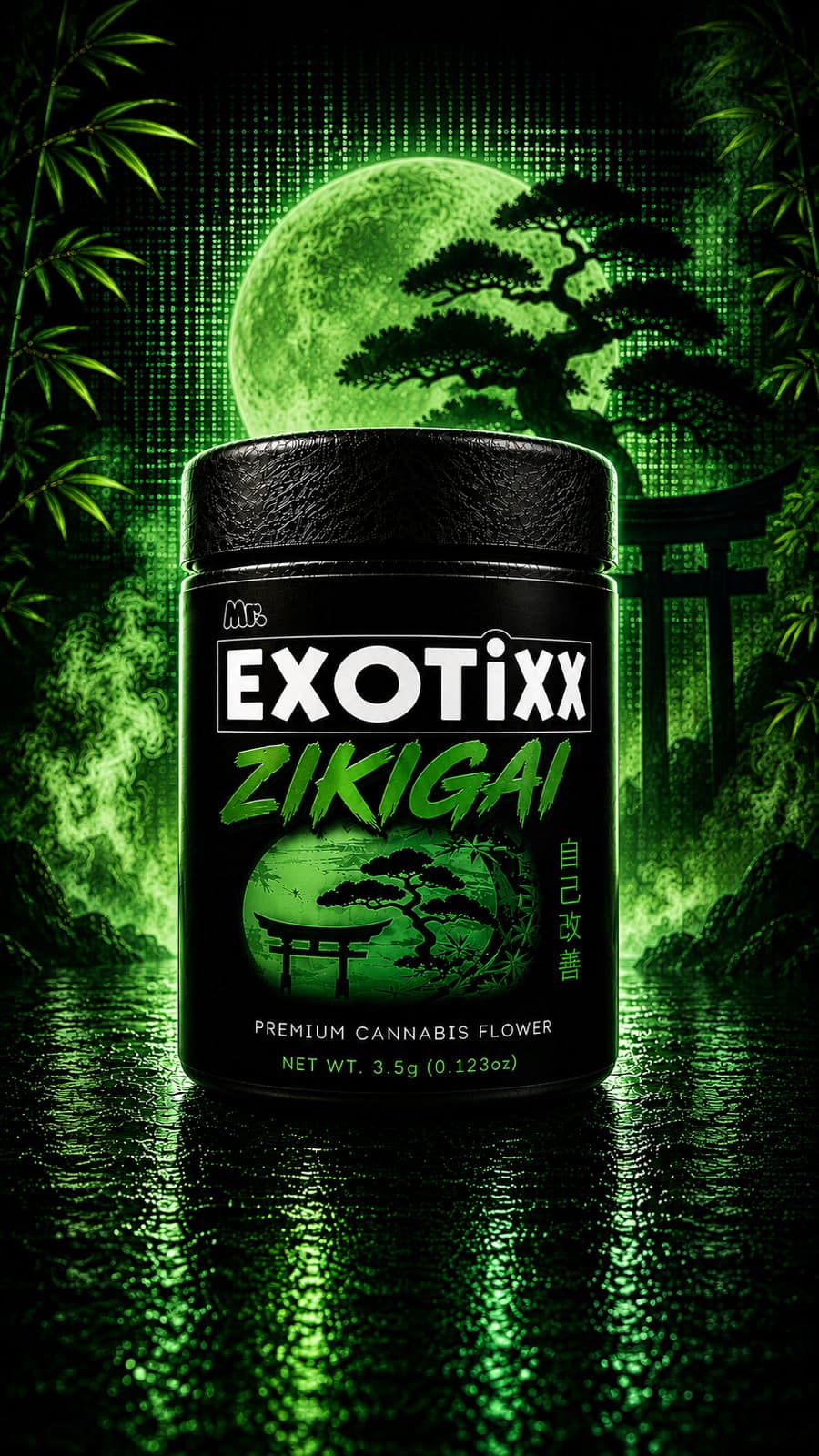 Mr. Exotixx Zikigai jar — brushed green lettering over a Japanese garden, torii gate and moon in matrix green
