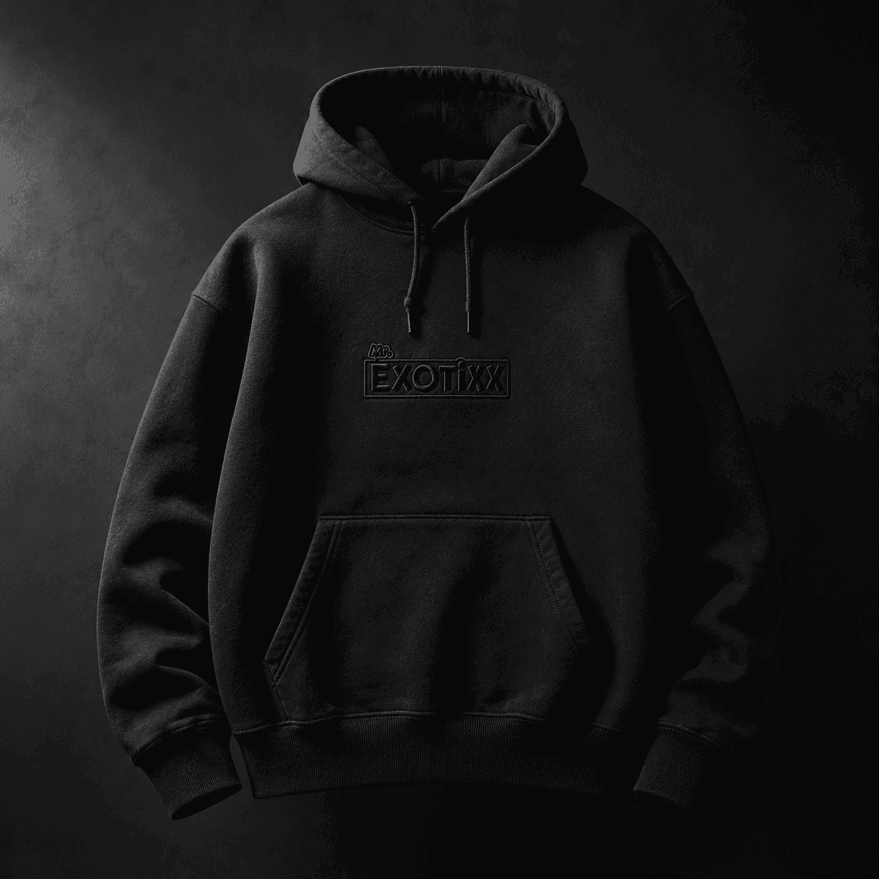 Heavyweight black Mr. Exotixx hoodie with tonal embroidery at center chest