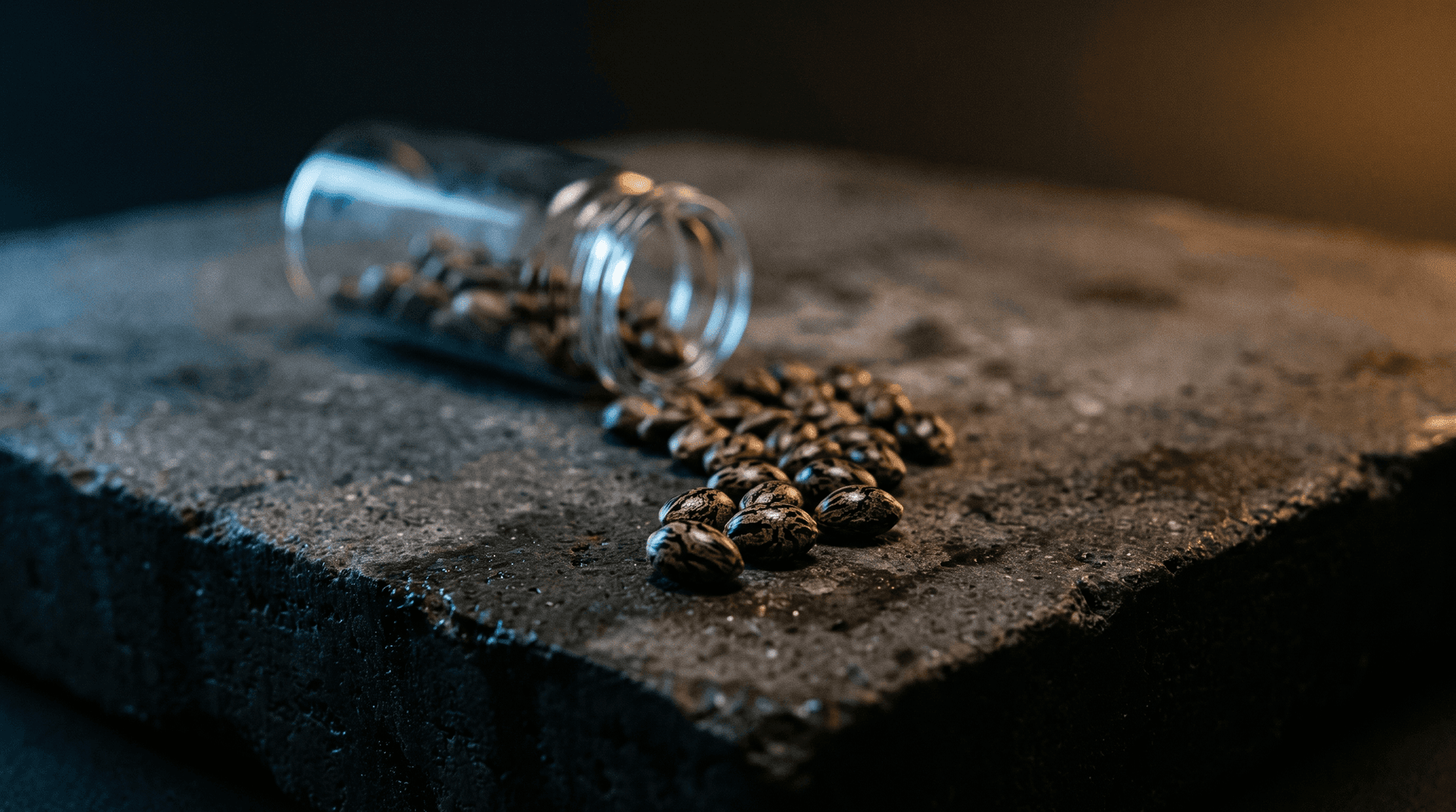 Glass vial tipped over on concrete with tiger-striped cannabis seeds spilling out under amber light