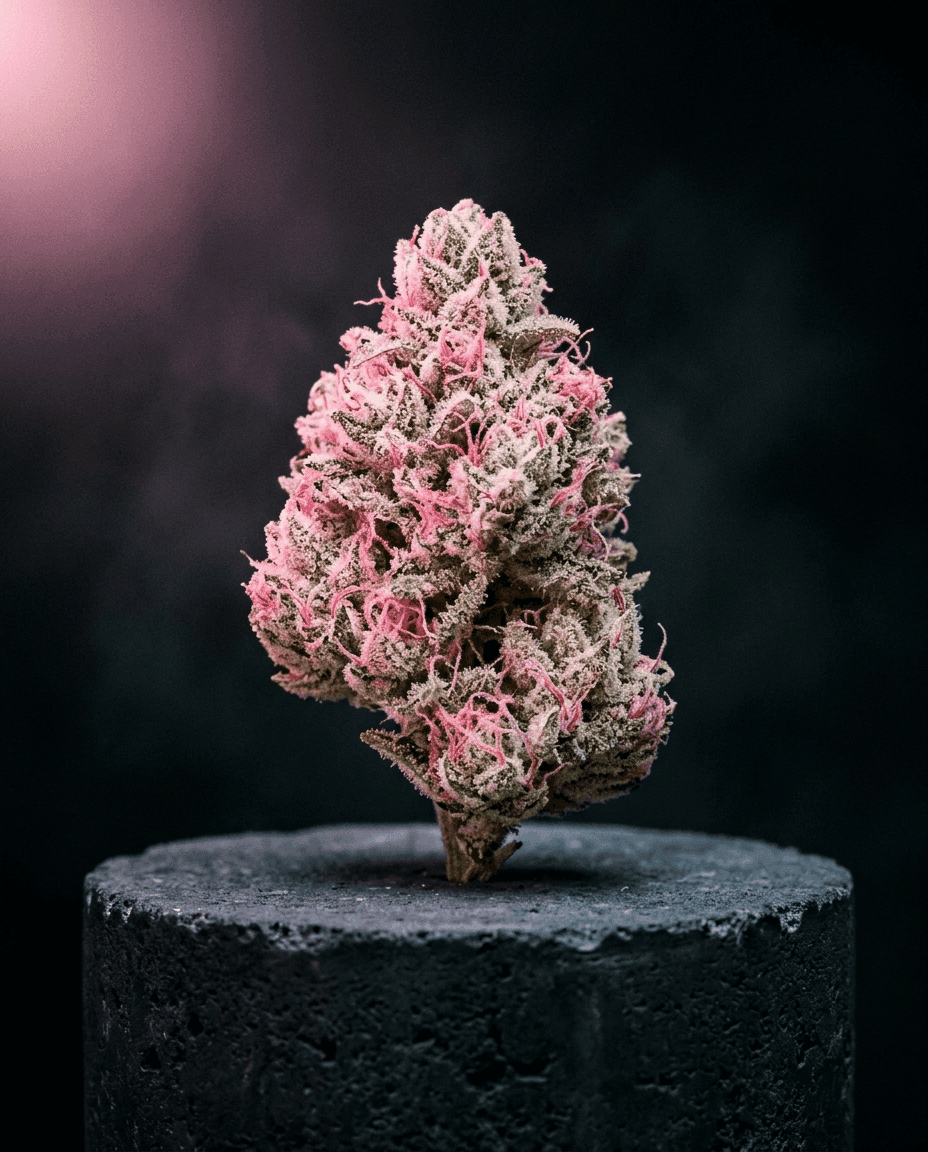 Pastel green Candy Chrome cannabis bud with candy-pink blush and pink pistils