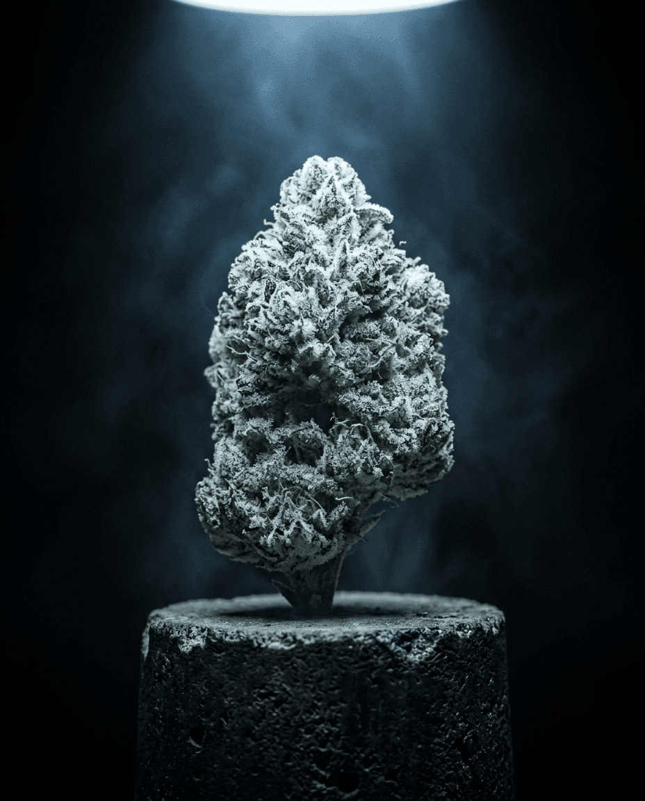 Pale silver-green Ghost Gas cannabis bud under an extremely dense icy trichome coat