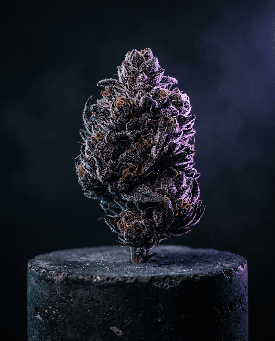 Deep violet Purple Octane cannabis bud with electric purple sheen on a dark pedestal