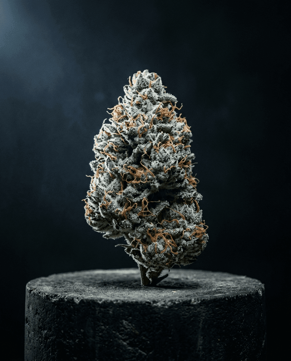 Frost-coated sage-green WIFI43 cannabis bud with burnt-orange pistils on a dark pedestal